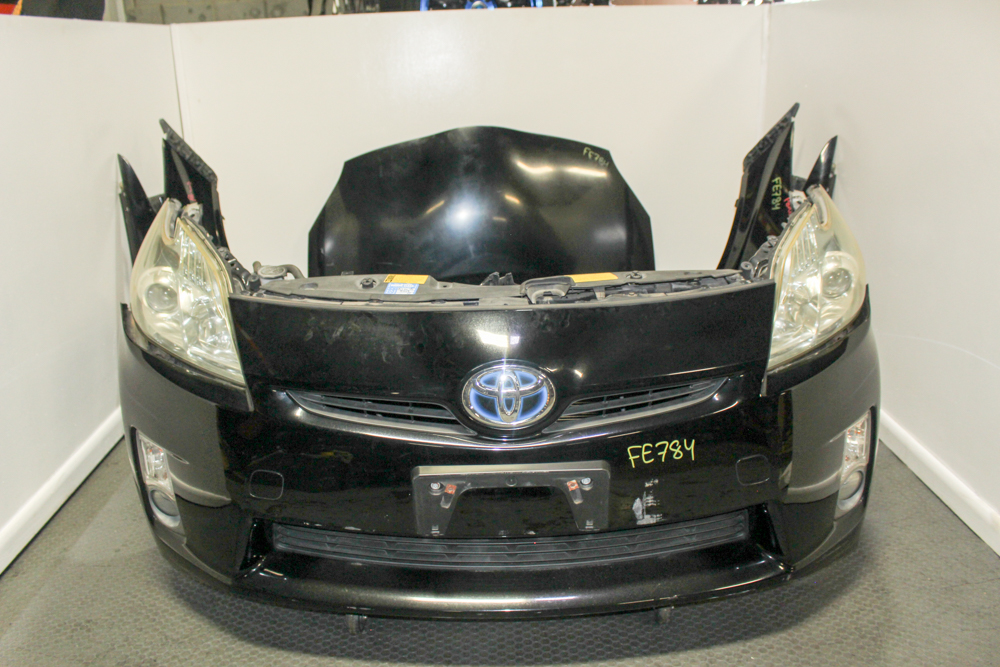 Used 2010-2015 Toyota Prius black OEM front end conversion with headlights, hood, fenders, bumper cover, fog lights, grille and radiator support from J-Spec Auto Sports