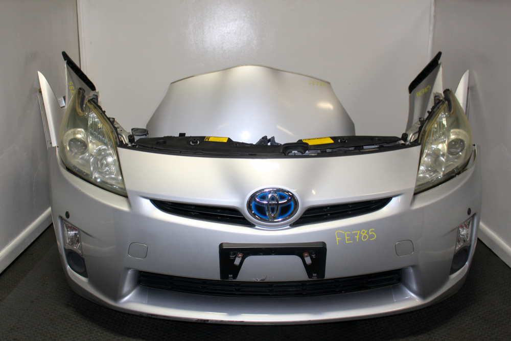 Used 2010-2015 Toyota Prius silver OEM front end conversion with headlights, hood, fenders, front bumper cover, fog lights, grille and radiator support from J-Spec Auto Sports