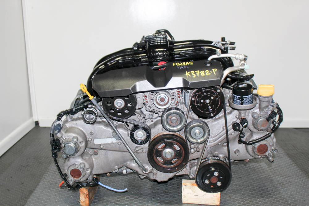 Low mileage JDM Subaru FB25 2.5L timing chain Boxer engine for 2011-2015 Forester and Legacy compression tested by J-Spec Auto Sports