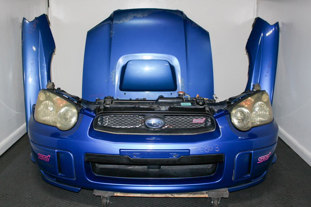 Complete blue JDM 2004–2005 Subaru WRX STI Blobeye front end with bumper and HID headlights